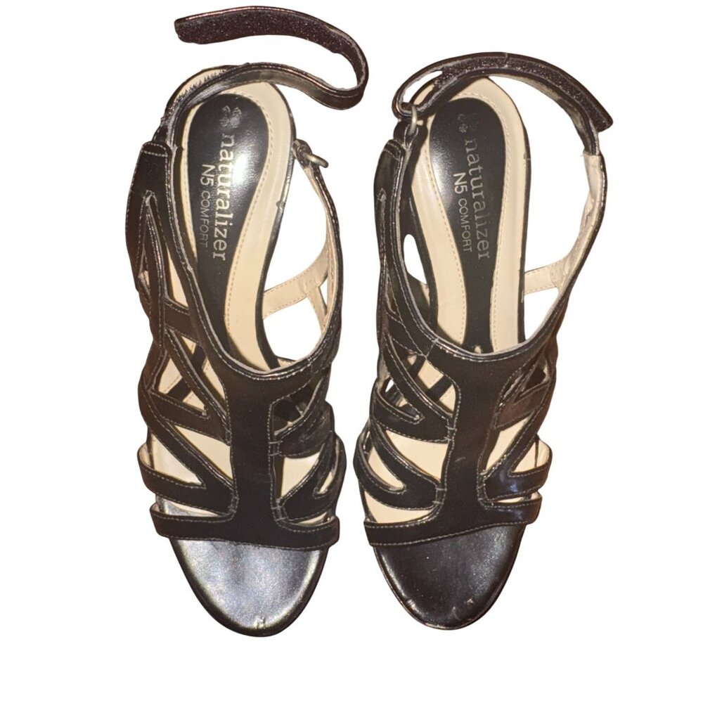 Naturalizer Strappy Black Leather Sandal Heels N5 Comfort Design